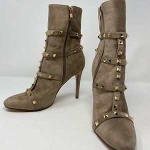 NUDE SUEDE GOLD STUDDED MID-CALF BOOTS HEEL Sz 8
